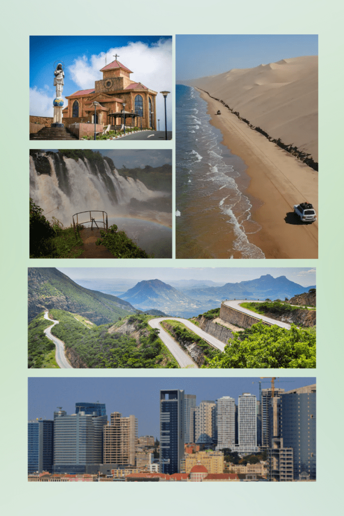 Collage of Central African tourist sites, Best time to visit central Africa, Luanda, Serra da leba, The Namib Desert, les chutes de boali waterfall