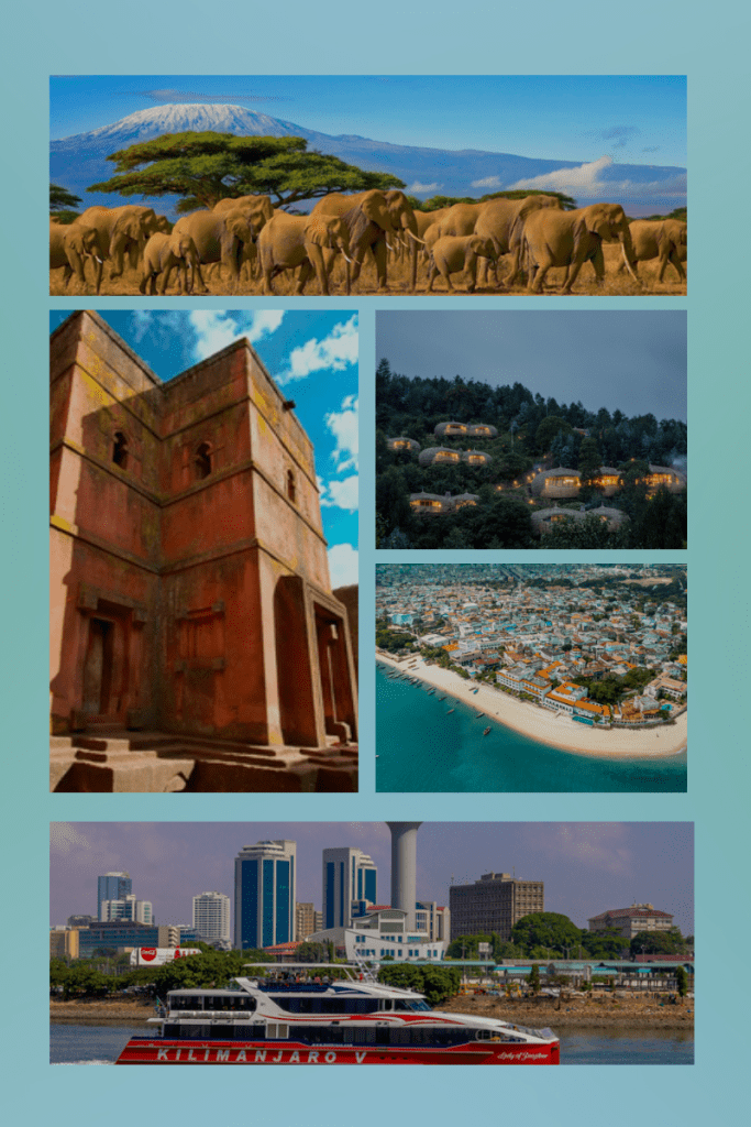 Collage of East African tourist sites, Best time to visit East Africa, der es salaam, Lalibela church, Zanzibar city, Bisate Lodge, Nairobi National Park