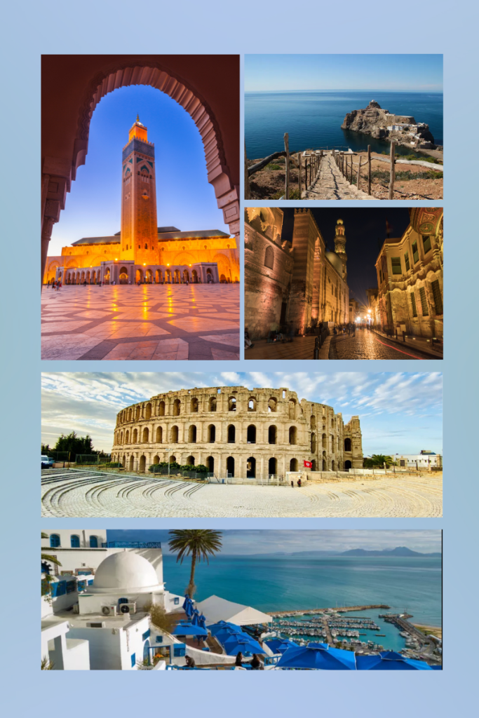 Collage of North African sites, Best time to visit North Africa, Sidi Bou Said, El Djem, The Atlas Mountains,The Grand Mosque of Tangier, Marrakech night market