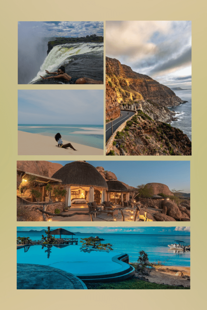 Collage of South African sites, Best time to visit Southern Africa, Chapmans peak, South Africa resorts, Devils pool Zambia, 