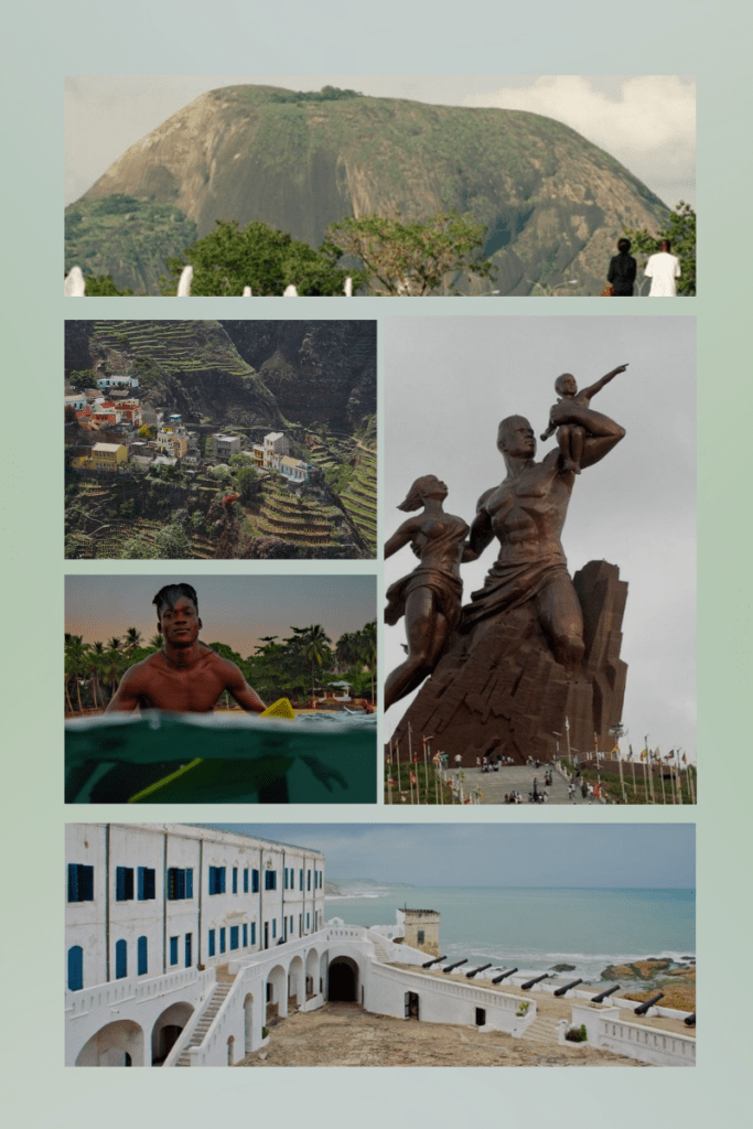 Collage of West African tourist sites, Best time to visit West Africa, Robertsport surfers, the African Renaissance Monument, Door of no return, Zuma Rock, ponta do sol cape verde